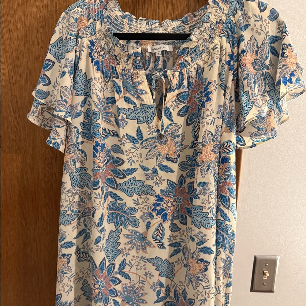 Rose & Olive Blue and Cream Floral Blouse